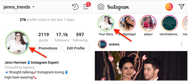 Индикатор зеленого круга для изображения вашего профиля в Instagram, когда вы поделились историей со своим списком близких друзей.