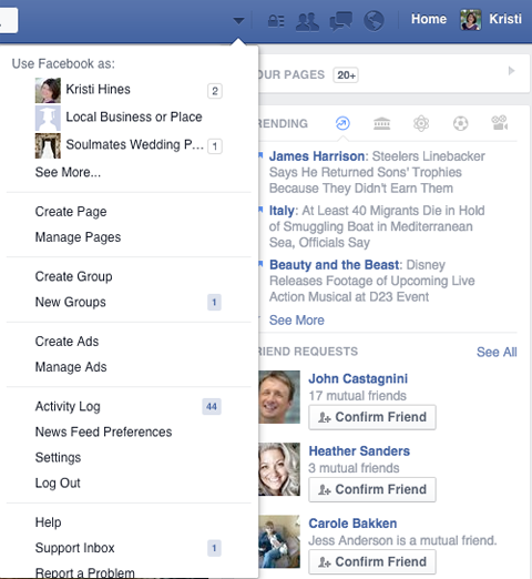 стрелка меню управления страницами facebook