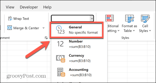 excel общий формат