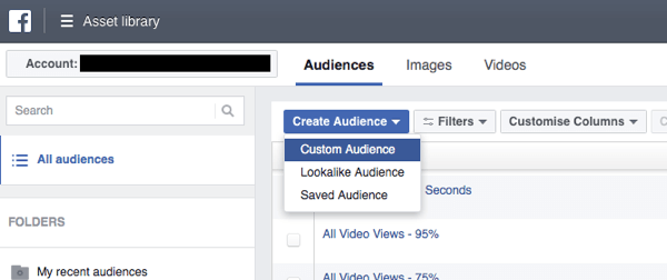 В Facebook Ads Manager нажмите Create Audience и выберите Custom Audience из раскрывающегося списка.