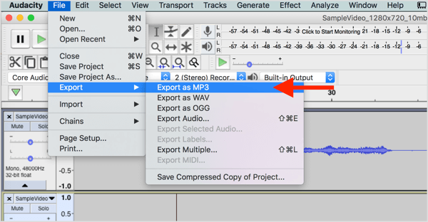 Выберите «Файл»> «Экспорт»> «Экспорт в MP3», чтобы загрузить аудиофайл из Audacity.