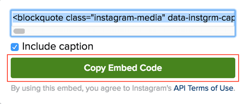Нажмите зеленую кнопку, чтобы скопировать код встраивания сообщения Instagram.