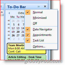 Панель задач Outlook 2007 - щелкните правой кнопкой мыши, чтобы выбрать параметры