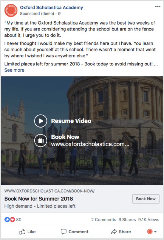 Пример рекламного объявления Facebook