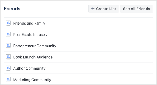 Выберите список друзей Facebook, который хотите просмотреть.