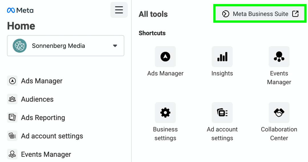 изображение ссылки на Meta Business Suite из меню «Все инструменты»