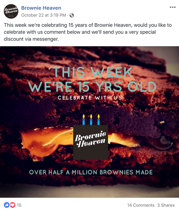 Пример сообщения в Facebook с предложением от Brownie Heaven.