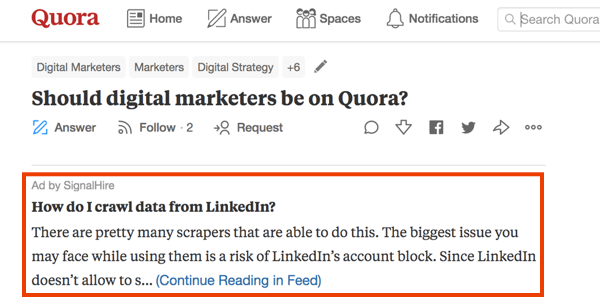 Пример маркетинга на Quora с платной рекламой.