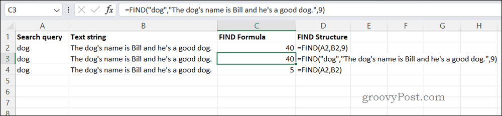 Пример формулы НАЙТИ в Excel