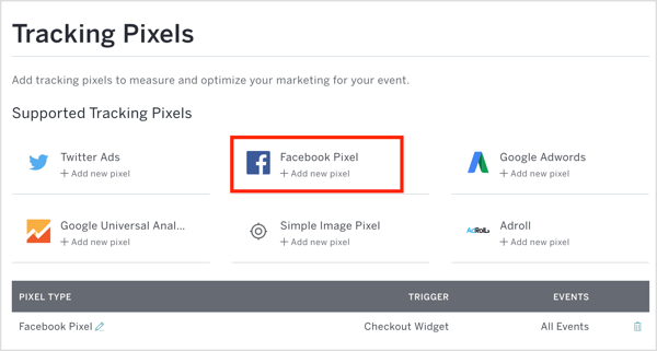 В Eventbrite нажмите Facebook Pixel и введите свой идентификатор пикселя и другие данные.