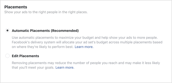 Для кампании в Facebook выбран вариант автоматического размещения