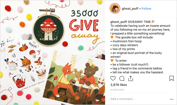 Художник ghost_puff использует дружелюбный и понятный стиль публикации, который приглашает сообщество болтать в Instagram.