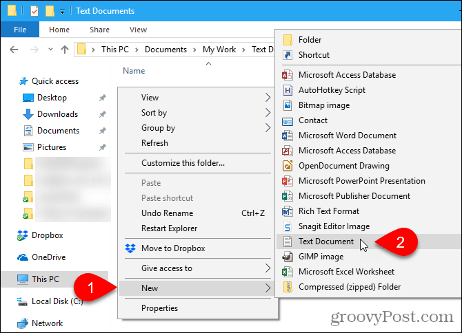 Выберите «Создать»> «Текстовый документ» в проводнике Windows.