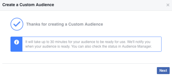 После того, как вы создали свою новую пользовательскую аудиторию Facebook, ее заполнение может занять до 30 минут.