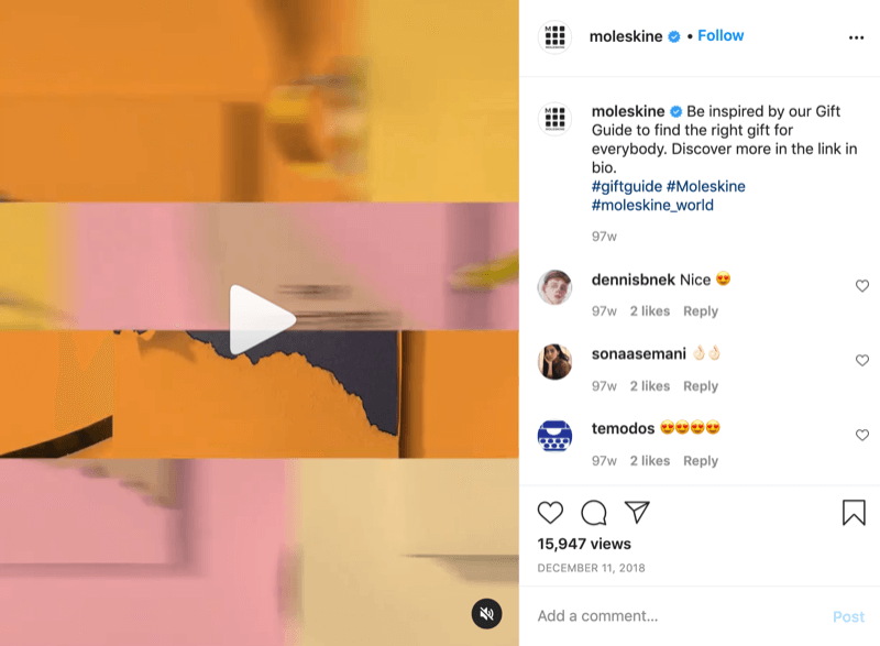 пример видеопоста с идеей подарка в instagram от @moleskine с призывом к действию, который направляет зрителей по ссылке в биографии, чтобы узнать больше