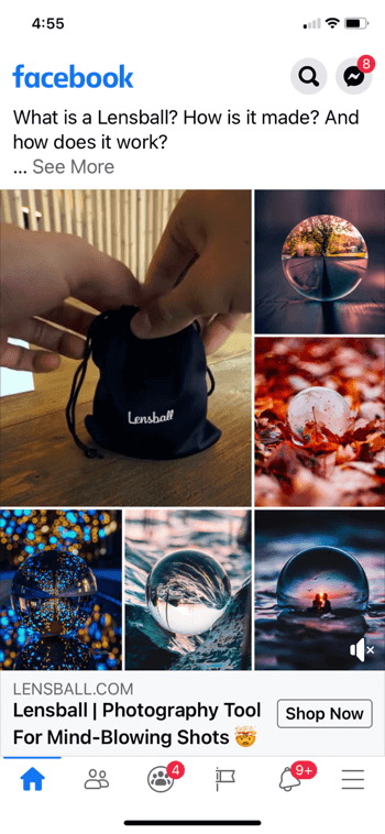 пример рекламного коллажа facebook для lensball, показывающий продукт в маленькой черной сумке на шнурке вместе с 5 примерами снимков продукта в использовании на фотографиях