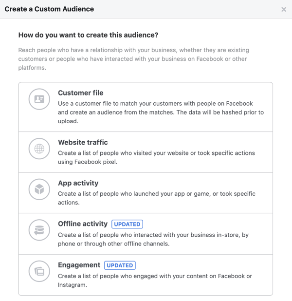 Варианты того, как вы хотите создать эту аудиторию для своей пользовательской аудитории Facebook.