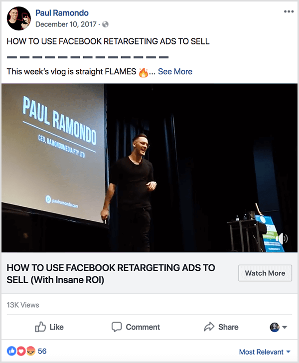 В блоге Пола Рамондо, размещенном на Facebook, есть текст «Как использовать ретаргетинговую рекламу в Facebook для продажи». Под этим заголовком находится текст видеоблога этой недели Is Straight Flames, за которым следует эмодзи с огнем. На видео видно, как Пол выступает на сцене перед большим экраном проектора, на котором отображается его имя и информация о компании.