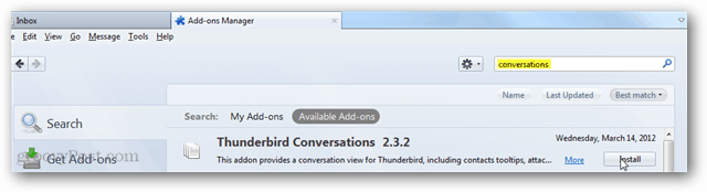 Thunderbird беседы - установить дополнение через страницу поиска