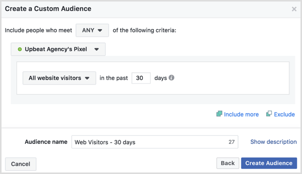 Выберите параметры для создания настраиваемой аудитории Facebook для всех посетителей веб-сайта за последние 30 дней
