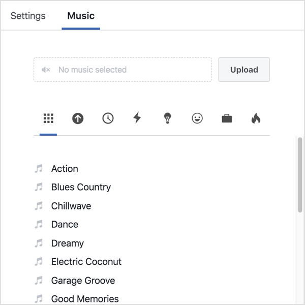 Щелкните вкладку «Музыка» и либо загрузите свой собственный звук, либо выберите трек из библиотеки Facebook.