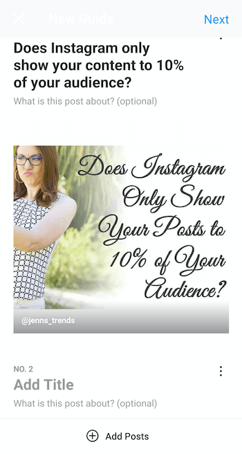 пример создания нового руководства Instagram с выбранным постом и заголовком 'показывает ли instagram только ваш контент для 10% вашей аудитории », а также возможность добавления описания руководства и дополнительных сообщения