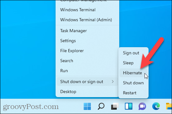 Опция гибернации доступна в меню Windows + X в Windows 11