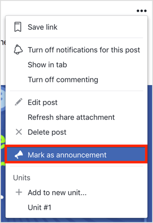 Щелкните три точки в правом верхнем углу сообщения группы Facebook и выберите «Отметить как объявление» в появившемся меню.