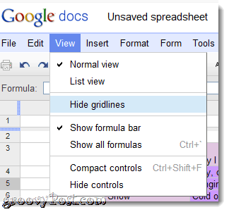 Скрыть линии сетки в меню Документов Google