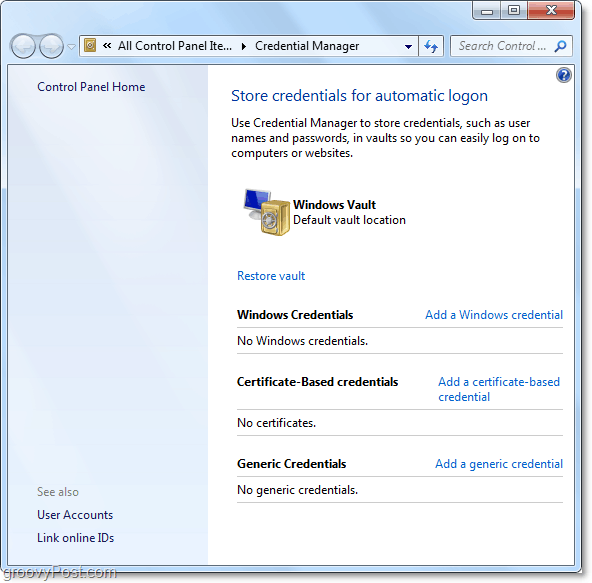 общий взгляд на хранилище учетных данных Windows 7