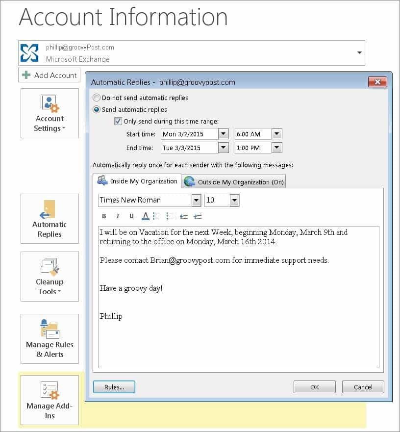 Включить автоматические ответы с помощью Office Assistant в Outlook 2010 и 2013