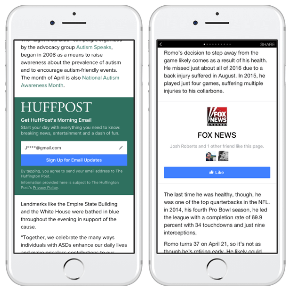 Facebook добавил блоки призыва к действию на странице «Нравится» и «Регистрация по электронной почте» для всех издателей мгновенных статей.