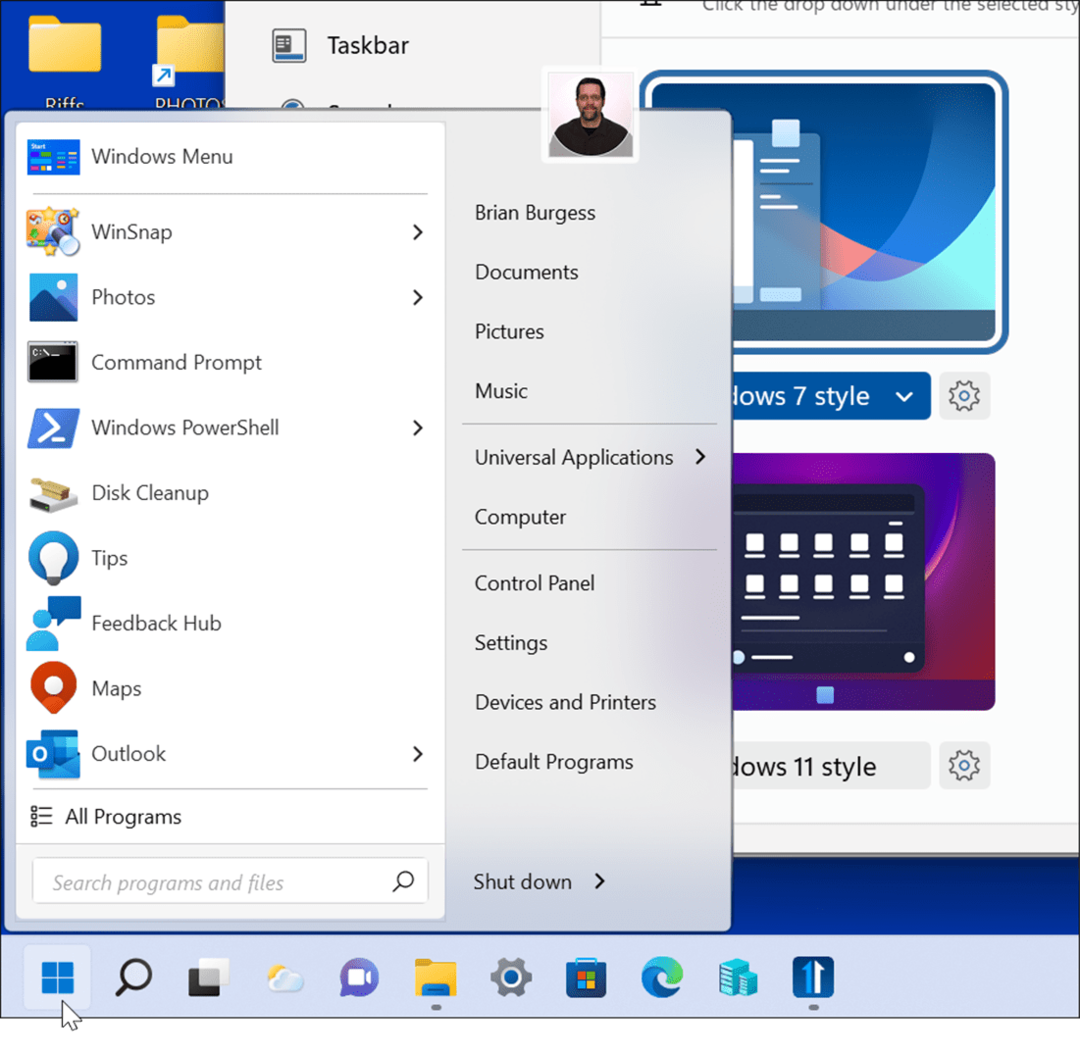 Стиль Windows 7 улучшает меню «Пуск» и панель задач Windows 11 с Windows 11