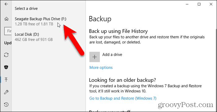 Выберите диск в истории файлов