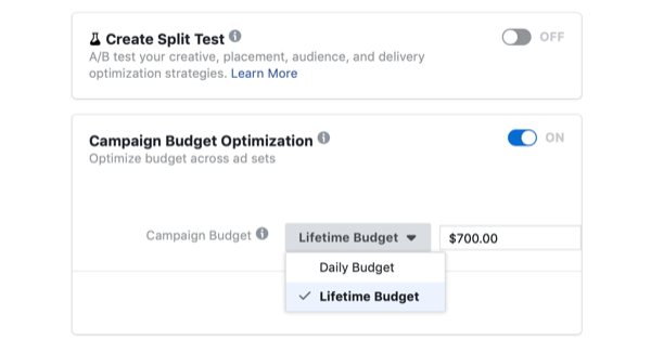 выбор оптимизации бюджета кампании и пожизненного бюджета для кампании Facebook в день продажи Flash