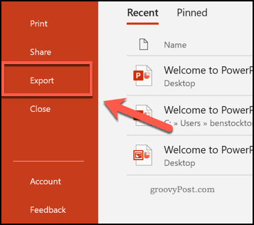 Значок вкладки «Экспорт» в PowerPoint