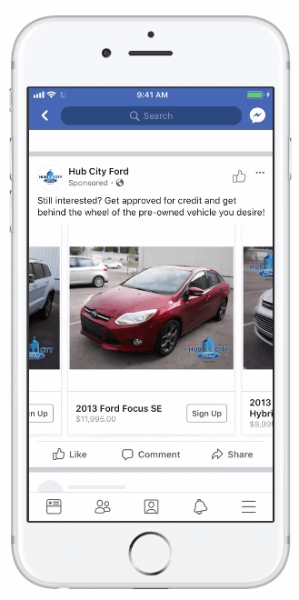 Facebook представил динамическую рекламу, которая позволяет автомобильным компаниям использовать каталог автомобилей для повышения релевантности своей рекламы.