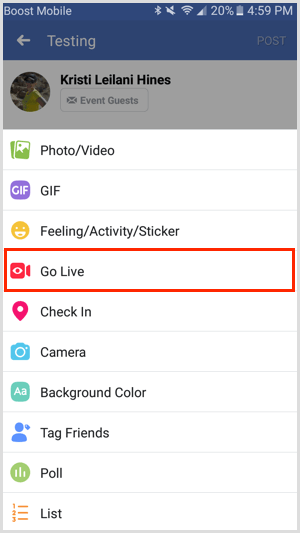 Опция Go Live для мероприятия в Facebook через мобильное приложение Facebook