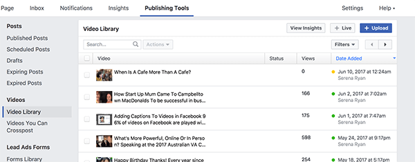 В вашей видеотеке Facebook хранятся все ваши опубликованные и неопубликованные видео. Видео с желтой точкой не публикуются, а видео с зеленой точкой публикуются.