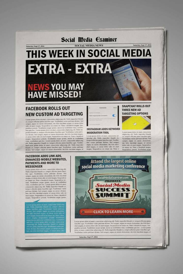 Пользовательские аудитории Facebook теперь нацелены на просмотрщиков холстовой рекламы и другие новости социальных сетей на 17 сентября 2016 года.