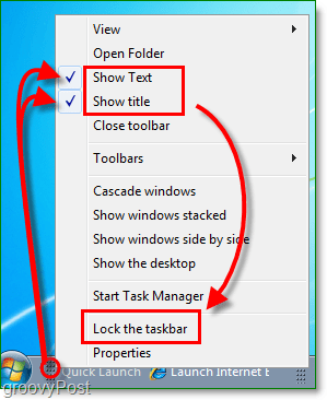 отключить быстрый запуск текста и заголовка в windows 7, заблокировать панель задач