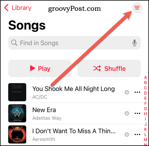 Значок «Дополнительные параметры» в библиотеке Apple Music