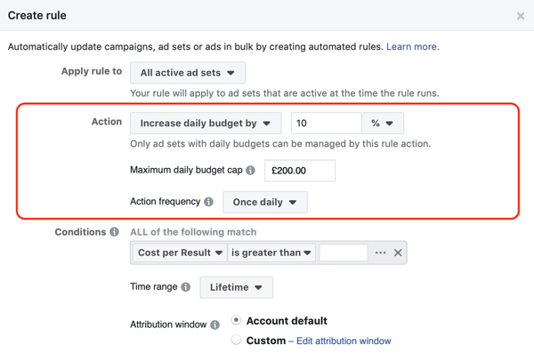 Используйте автоматические правила Facebook, увеличивайте бюджет, когда ROAS больше 2, шаг 2, настройки действий