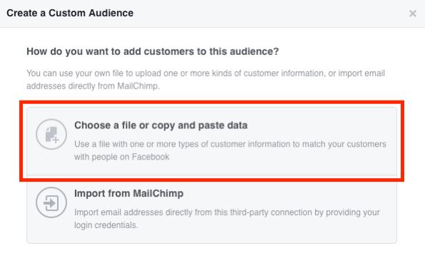 Выберите «Выбрать файл» или «Скопировать и вставить данные», чтобы создать собственную аудиторию электронной почты Facebook.