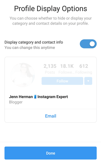 Выбор и отображение категории профиля Instagram Creator.