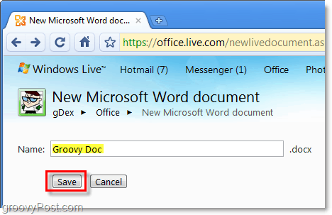 назовите свое слово document и сохраните его в веб-приложении Live Office