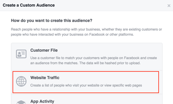Создайте индивидуальную аудиторию Facebook на основе посещаемости сайта.