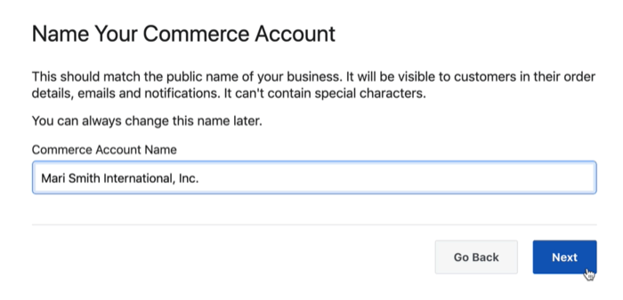 параметр диалогового окна для имени вашей учетной записи facebook commerce