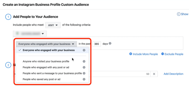 снимок экрана с параметрами раскрывающегося меню «Все, кто занимался вашим бизнесом» в окне «Создание индивидуализированной аудитории для бизнес-профиля Instagram»