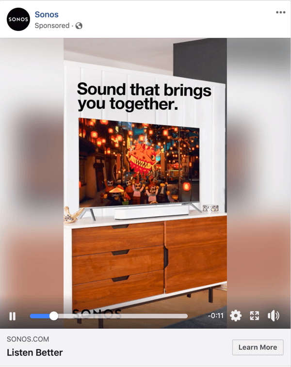 Пример видеорекламы на Facebook от Sonos.